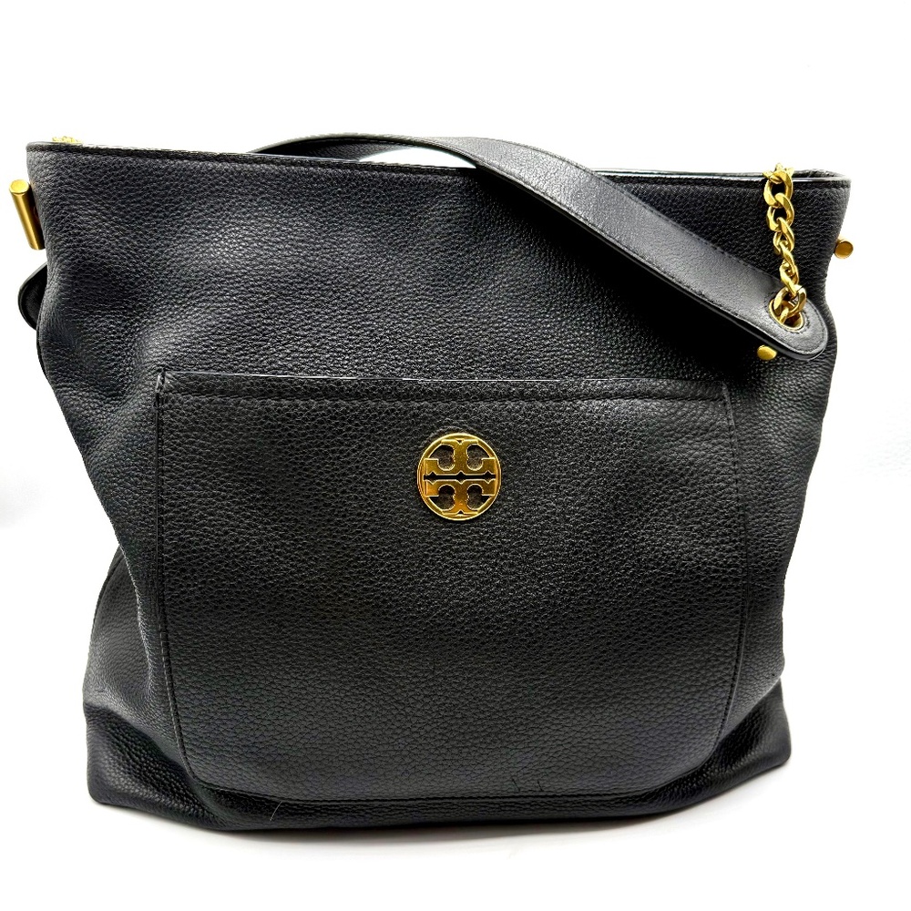 Tory Burch Amanda Slouchy Tote Black Pebbled Leather Shoulder Bag Gold Logo